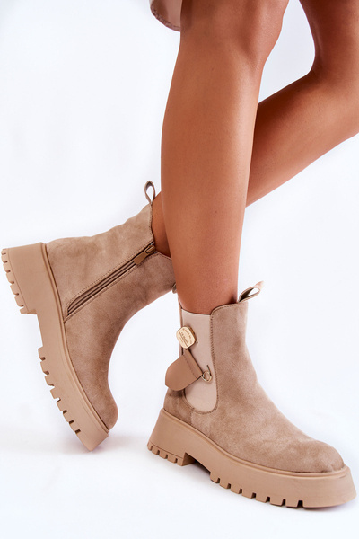 Zamszowe Ocieplane Botki Workery Ciemnobeżowe Magnis