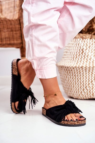 Damskie Czarne Klapki Na Korku Frędzle Marina