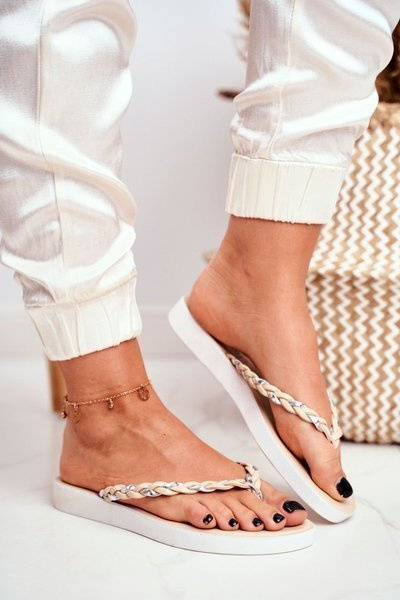 Klapki Damskie Japonki Pleciony Pasek Beżowe Peggie