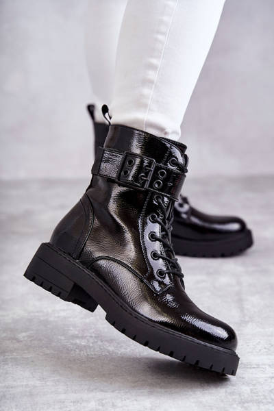 Damskie Botki Lakierowane Sznurowane Na Płaskim Obcasie Czarne Firmina