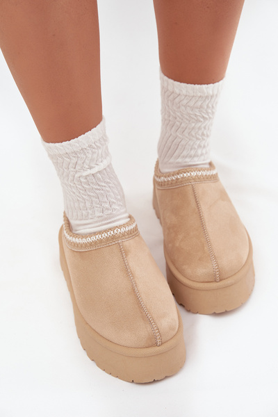 Niskie Śniegowce Damskie Z Haftem Na Platformie Jasnobeżowe Narirya