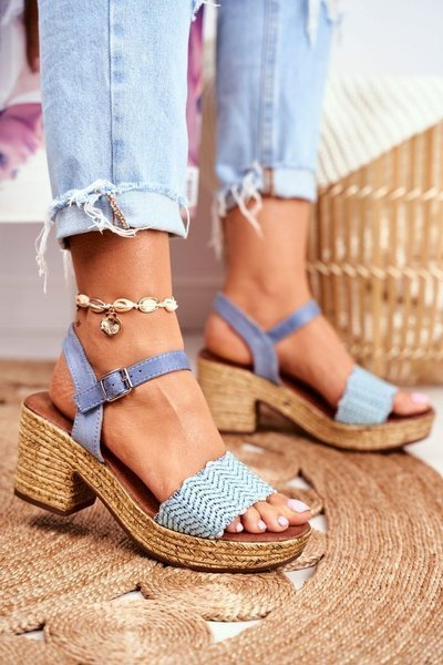Sandały Na Plecionej Platformie Niebieskie Fobi