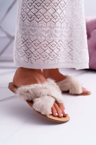 Damskie Klapki Z Futerkiem Lu Boo Ecru