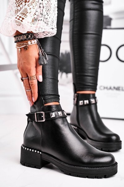 Botki Damskie Skórzane Ocieplane Laura Messi Czarne 2055