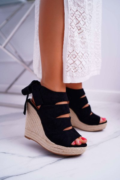 Sandały Damskie Na Koturnie Lniane Wiązane Czarne Cantare
