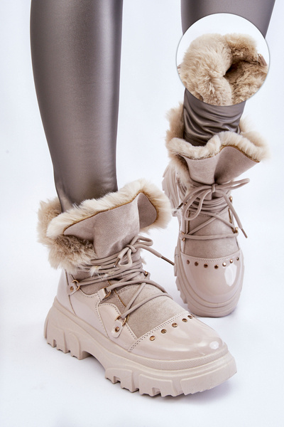 Damskie Botki Z Futerkiem Sznurowane Jasnobeżowe Merron