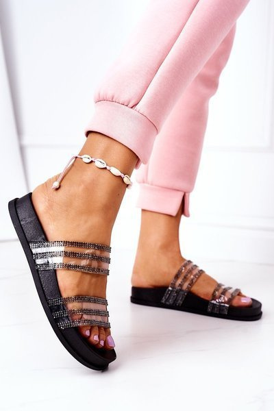 Gumowe Klapki Z Cyrkoniami Czarne Miss You