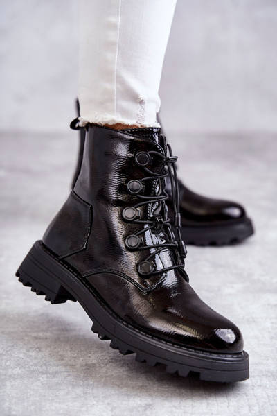 Damskie Lakierowane Ocieplane Botki Ze Ściągaczem Czarne Helia