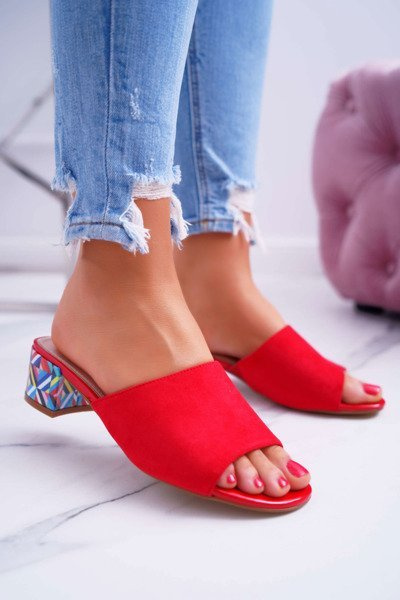 Klapki Damskie Eleganckie Na Klocku Zamszowe Czerwone Valencia