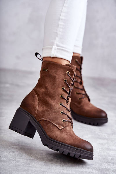 Damskie Ocieplane Botki Na Obcasie Brązowe Grethe