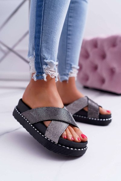 Damskie Klapki Czarne z Kryształkami Belmondo