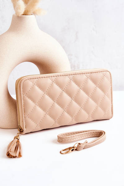Duży Pikowany Portfel Z Frędzelkiem Beżowy Selley