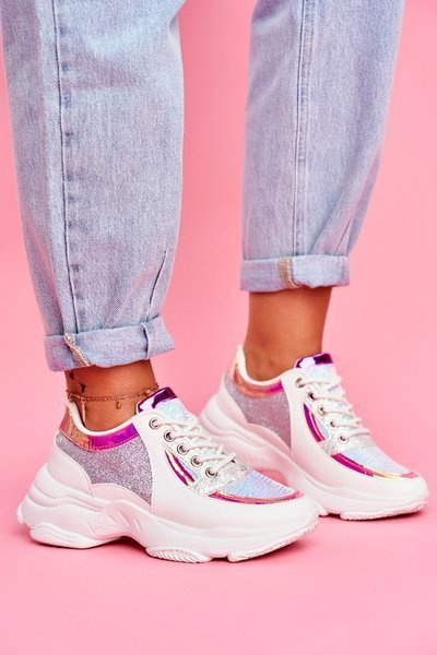 Sportowe Damskie Buty Brokatowe Białe Vebi