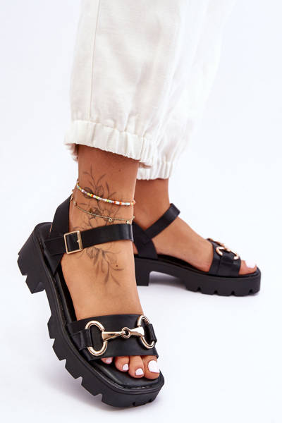 Damskie Skórzane Sandały Z Ozdobą Czarne Emori