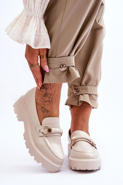 Skórzane Mokasyny Damskie Beżowe Camerin