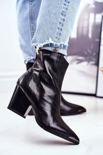 Botki Damskie Na Słupku Skórzane Big Star Czarne GG274919