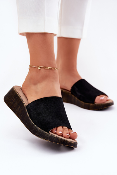 Zamszowe Klapki Damskie Na Koturnie Panto Fino RR267043 Czarne