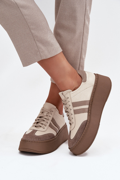 Skórzane Sneakersy Damskie Na Platformie Zazoo 3775 Beżowe