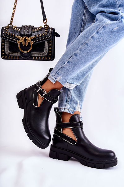 Damskie Skórzane Botki Z Ćwiekami Czarne Clares