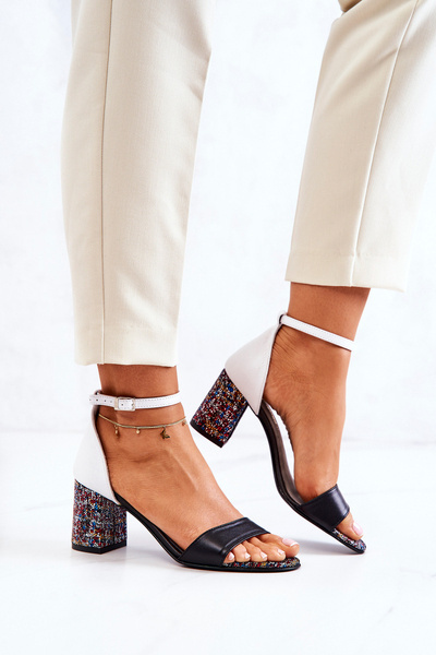 Skórzane Sandałki Na Słupku Czarno-Białe Lorene