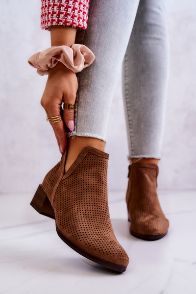 Zamszowe Botki Ażurowe Z Wycięciem Brązowe Carine