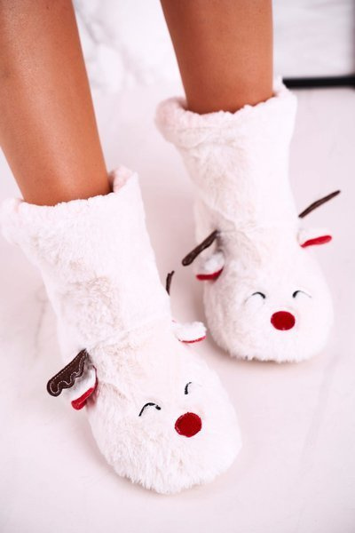 Świąteczne Papcie Z Reniferem Ocieplone Kożuszkiem Białe Rudolph
