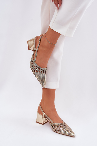 Sandały Na Słupku Z Plecionką I Szpiczastymi Noskami Złote Resterri