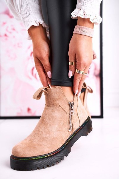 Damskie Botki Sztyblety Z Kolorowym Przeszyciem Zamszowe Beżowe Addison