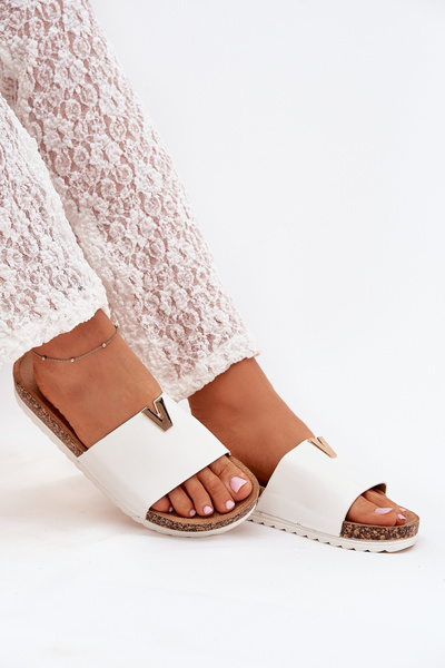 Klapki Damskie Na Korkowej Platformie Z Ozdobnym Detalem Białe Vessira