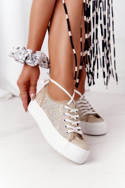 Brokatowe Tenisówki Na Platformie Złote Luna