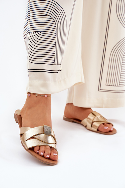 Płaskie Klapki Damskie Z Przeplatającymi Się Paskami Złote Selaenor