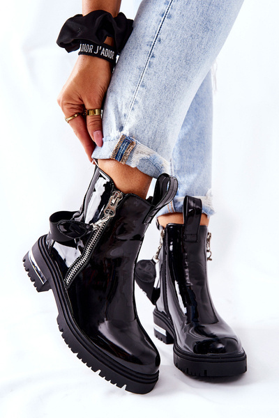 Skórzane Lakierowane Botki Z Suwakiem Czarne Cortona