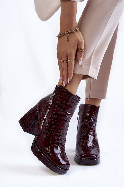 Skórzane Botki Na Obcasie Krokodyli Wzór Bordowe Alienore
