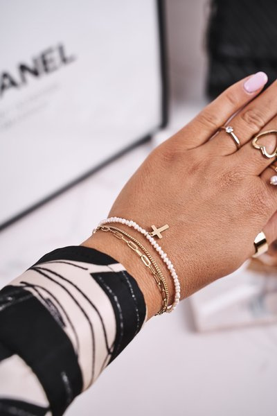 Bransoletka Łańcuszek z Perełkami i Krzyżykiem Złota Kari