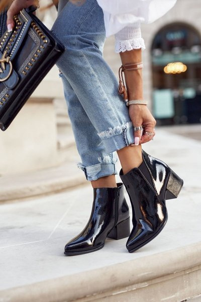 Botki Damskie Sergio Leone Sztyblety Lakierowane Czarne BT621