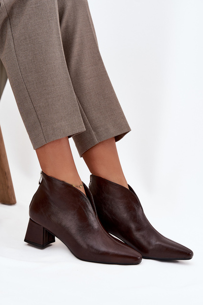 Eko Skórzane Botki Damskie Na Obcasie Czekoladowe Rylina