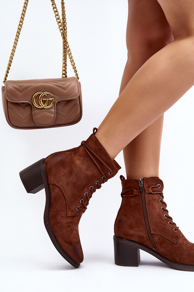 Damskie Botki Na Niskim Obcasie Sznurowane Brązowe Serellia