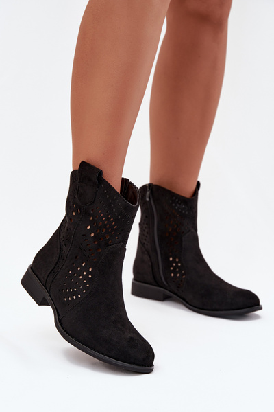 Ażurowe Botki Damskie Na Płaskim Obcasie Czarne Amisna