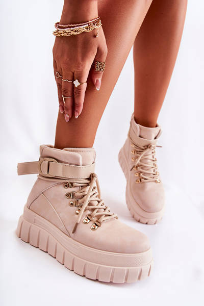 Modne Damskie Botki Na Platformie Z Paskiem Jasnobeżowe La Blanca