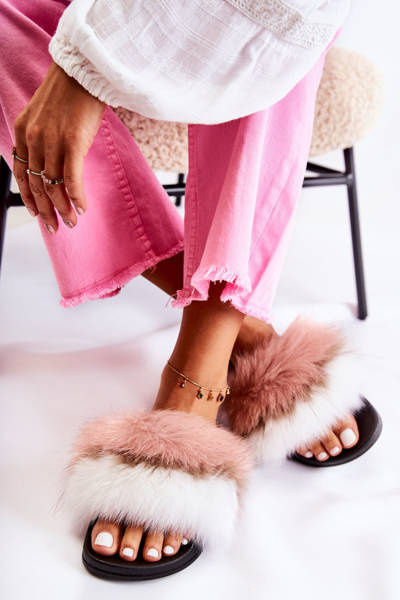 Klapki Z Naturalnym Futerkiem Biało-Różowe Naturis