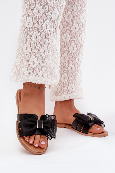 Klapki Damskie Na Płaskim Obcasie Z Tiulową Kokardą Czarne Tanira