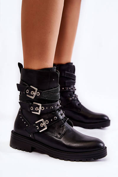 Damskie Ocieplane Botki Z Paskami Gładkie Czarne Lamberta