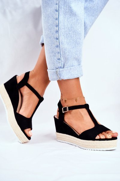 Sandały Damskie Na Koturnie Czarne Papillon