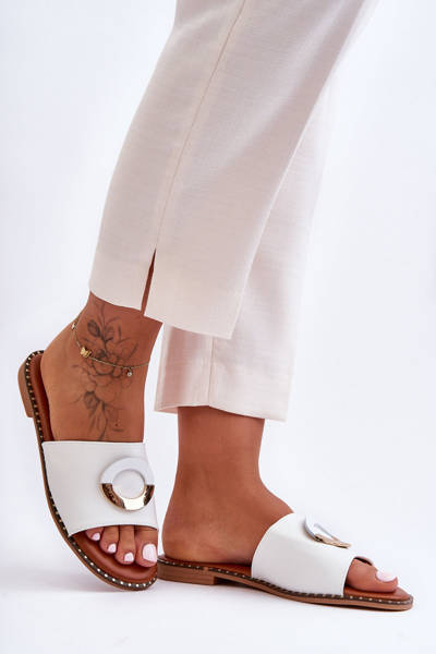 Damskie Klapki Z Ozdobą Białe Sherry