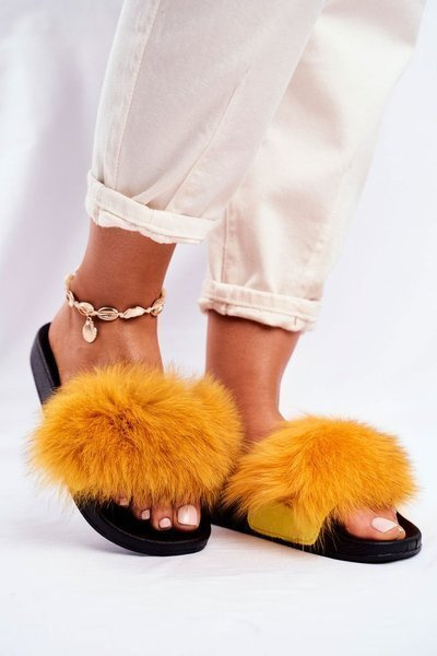 Damskie Klapki z Futerkiem Żółte Belmondo