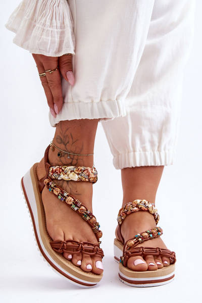 Wygodne Damskie Sandały Na Koturnie Brązowe Jodie