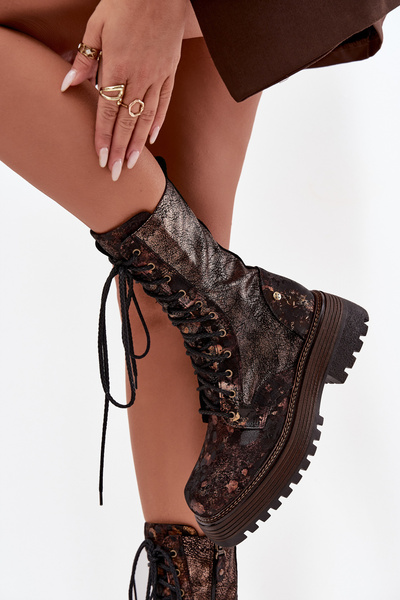 Damskie Skórzane Botki Workery Maciejka 06203-32 Brązowo-Złote