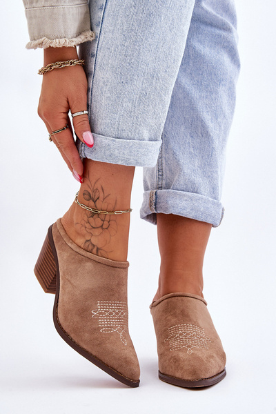 Damskie Zamszowe Klapki Kowbojki Beżowe Romina