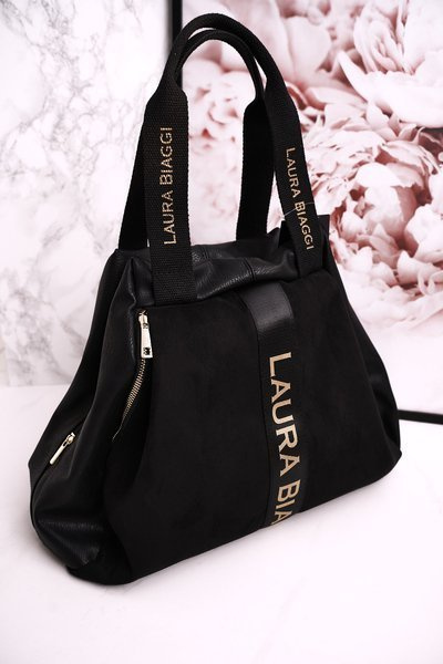 Torba Shopper Na Ramię LAURA BIAGGI Skórzano-zamszowa Czarna