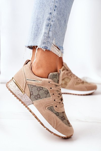 Sportowe Buty Sneakersy Beżowo-Złote Aruba
